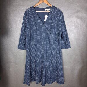Loft Dress Womens 26 Polka Dot V Neck Sleeves Jaquard Knit Faux Wrap Navy Blue